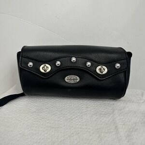 Carroll Leather Black Leather Studded Motorcycle Windshield Bag Twist Lock Strap